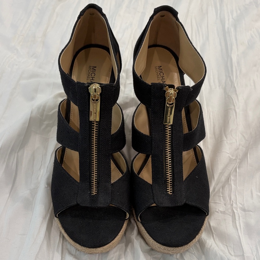 Michael Kors Black Strappy Sandals with Gold Zipper